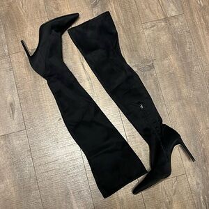 Zara Black Satin Thigh High Pointed Toe Heeled Boots